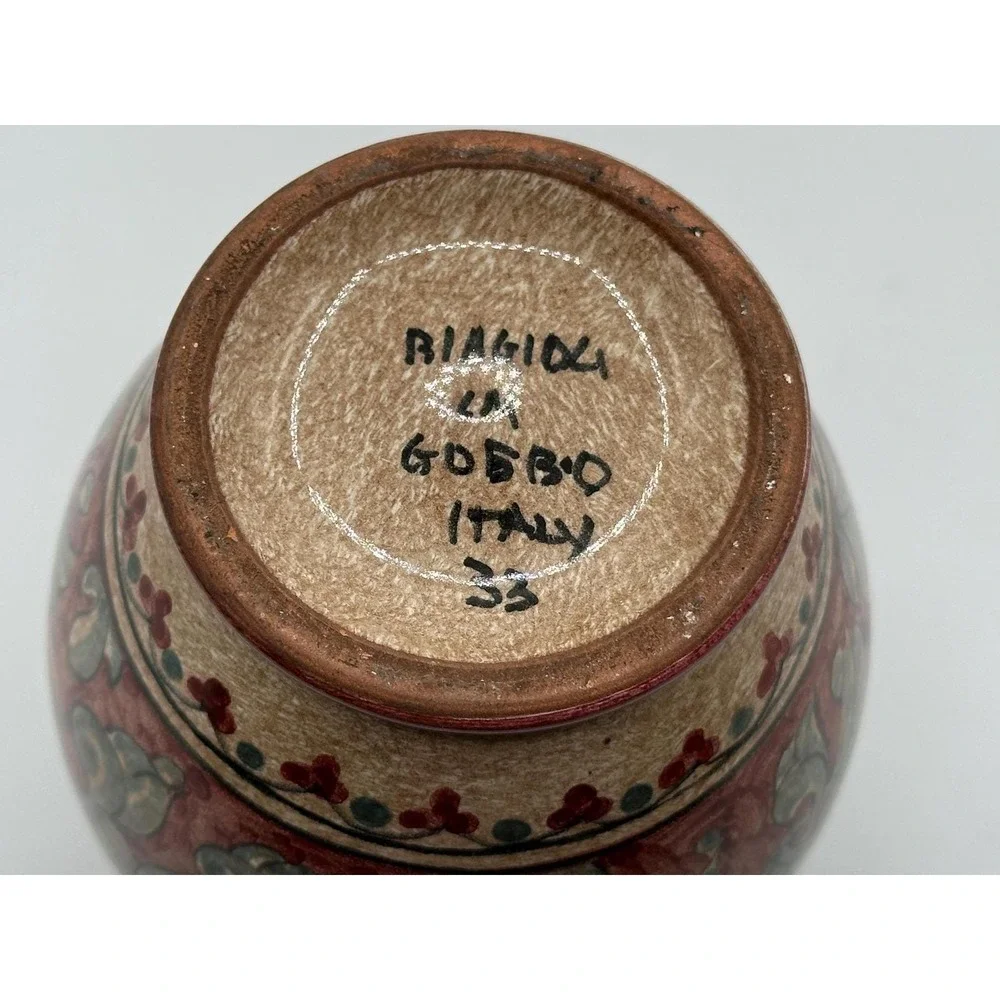 Biagioli Gubbio Italy Art Pottery Vase Hand Painted Floral Red Green Vintage 5
